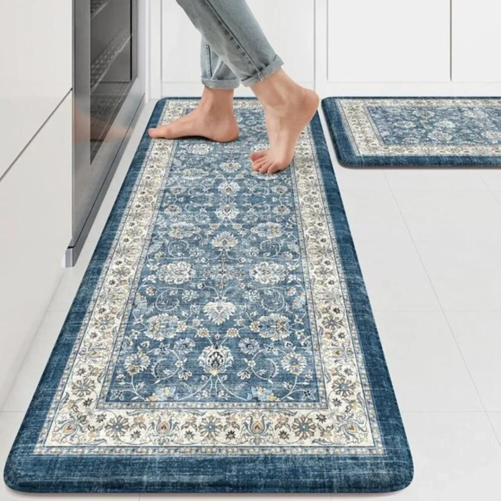 New 2Pcs Blue Kitchen Mat Set, Anti Fatigue Waterproof Area Rugs for Floor